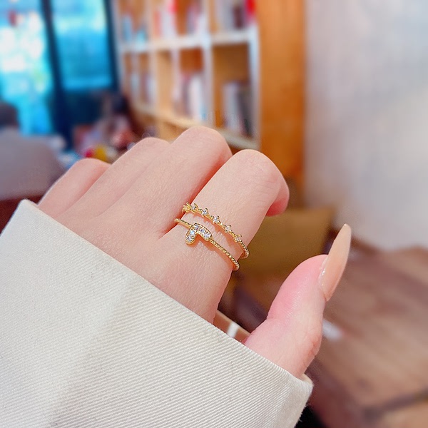KM16070#ins潮爱心双层锆石戒指小众设计高级感食指戒开口指环