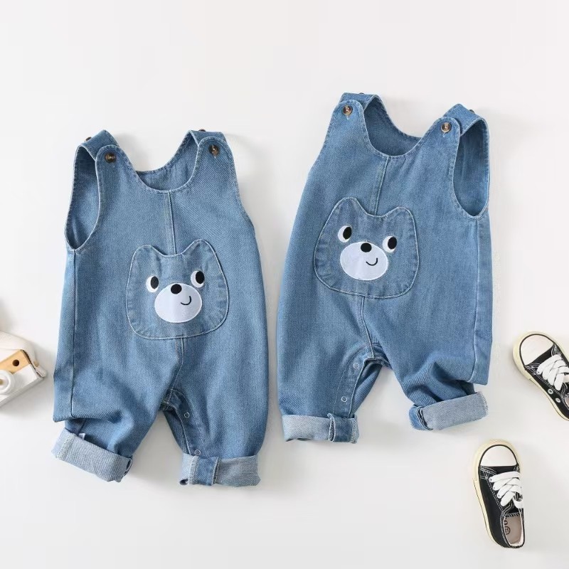 儿童软牛仔背带裤连体衣哈衣小童男女婴儿无袖宝宝洋气春秋季长爬