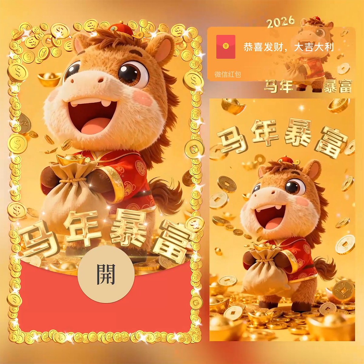 2026马年暴富微信红包封面毛绒可爱创意新款WVX皮肤新年元旦跨年