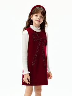 little moco童装冬装女童蝴蝶结丝绒连衣裙红色裙子KBE4DRS010