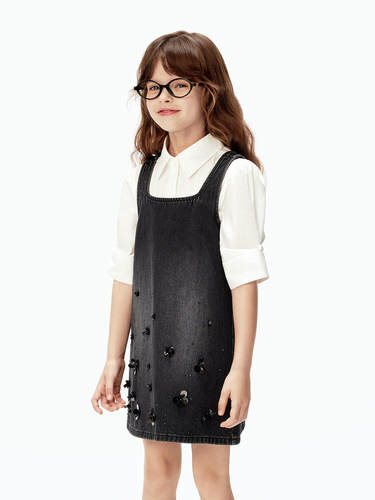 little moco童装秋装女童无袖牛仔连衣裙吊带裙裙子KBE3DRS013
