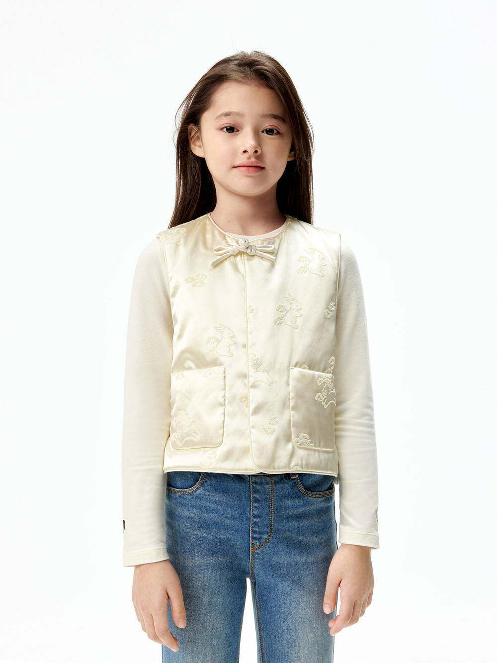 little moco 25秋装新款女童中式印花棉服夹棉马甲外套KBE3QJK003
