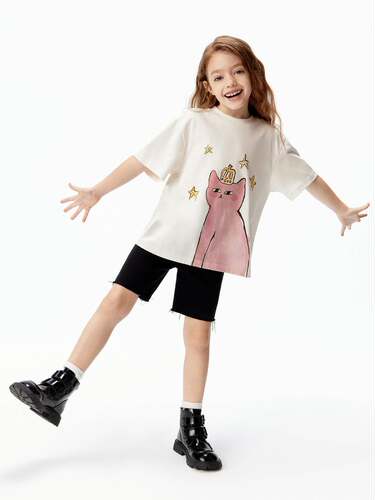 little moco专柜正品春款夏女童卡通印花猫咪短袖T恤KBF1TEET15