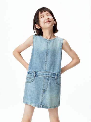 little moco童装夏款女童工装牛仔连衣裙背心无袖裙子 KBF2DRST12