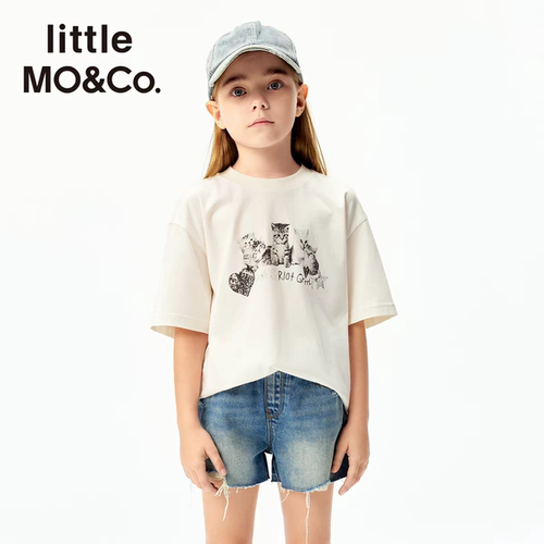 little moco夏季薄款亲子装男女童纯棉短袖小猫印花T恤KBE2TEE005