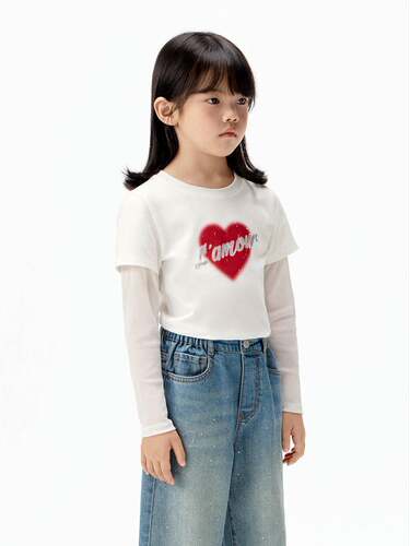 抑菌长袖little moco童装26新款女童爱心烫钻假两件t恤KBF3TEE025