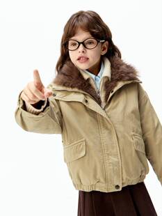 little moco童装25冬款男女童可拆卸毛领夹克棉服外套KBE4JKT013