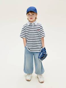 little moco童装26夏装新款男女童polo领条纹短袖上衣KBF2TOP011