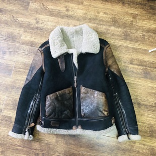 D3投弹手成衣染色皮毛一体灰色毛 配毒液马皮复古飞行员皮夹克