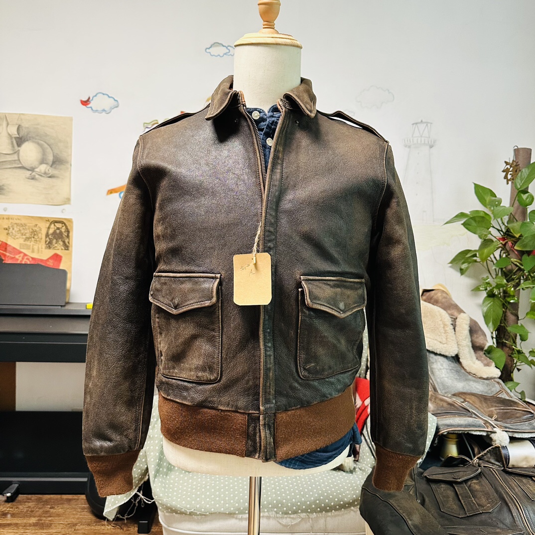 A2飞行员牛皮夹克水洗做旧效果美式经典皮衣外套 螺纹羊毛lvc皮料