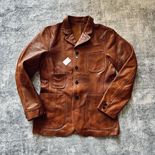 定制木村拓哉橘色皮西服雅痞帅酷牛休闲皮衣手工擦色做旧原版纽扣