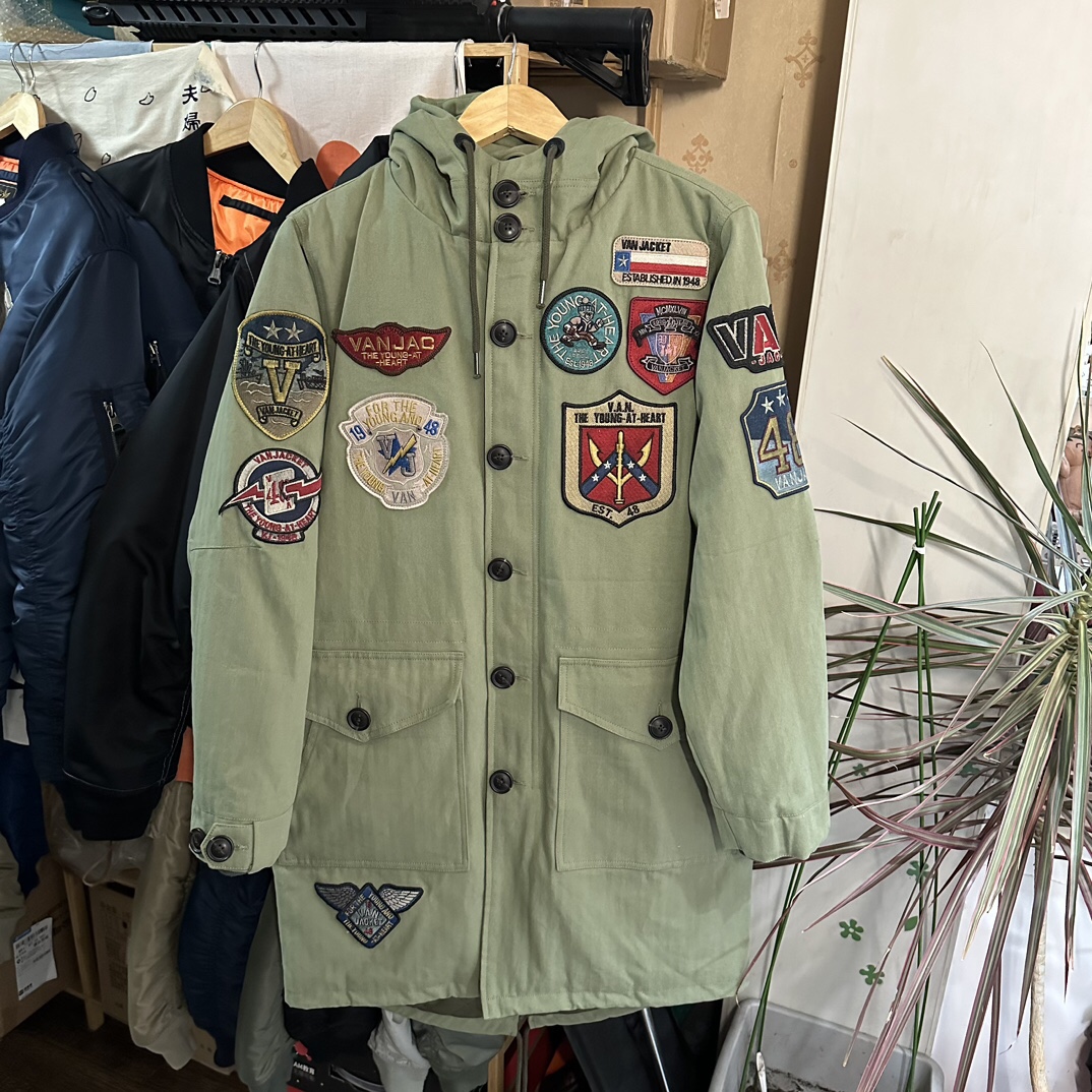 经典日产Van飞行服棉服大衣 徽章风衣连帽棉衣长款外套阿美咔叽