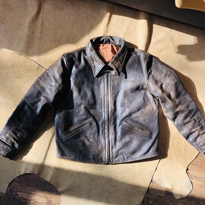 LVC007同款天幕1940s 手工定制美式翻领复古皮衣夹克外套棕咖擦色