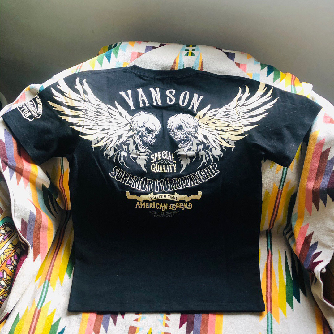 Vanson骷髅翅膀通肩短袖圆领T恤纯棉摩托风复古洗水做旧固型夏款