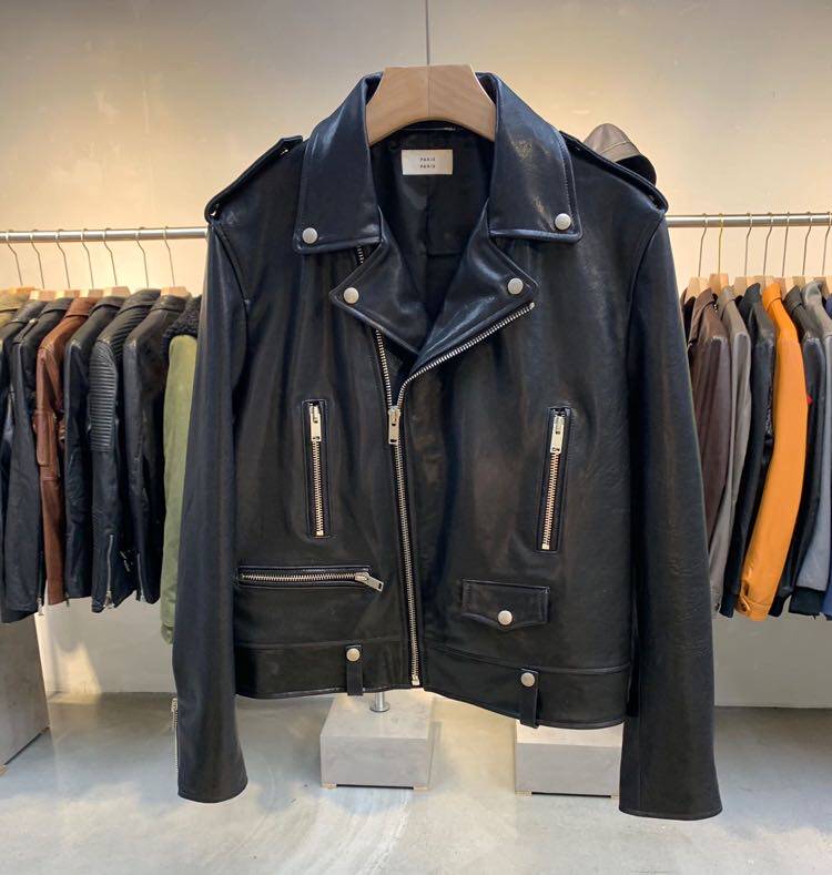 定制皮衣明星同款机车皮夹克植鞣羊皮修身男女情侣多袋斜拉链外套