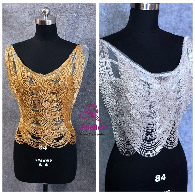 金色/银色超重工管珠流苏前胸裁片 婚纱礼服 高端定制服装贴片