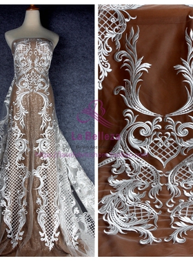米白色 立体刺绣蕾丝布料 网底绣花布料 婚纱礼服定制服饰面料