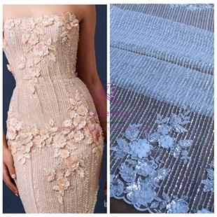 米白色 闪光管珠绣花网纱绣亮片表演服装 婚纱礼服蕾丝面料 布料