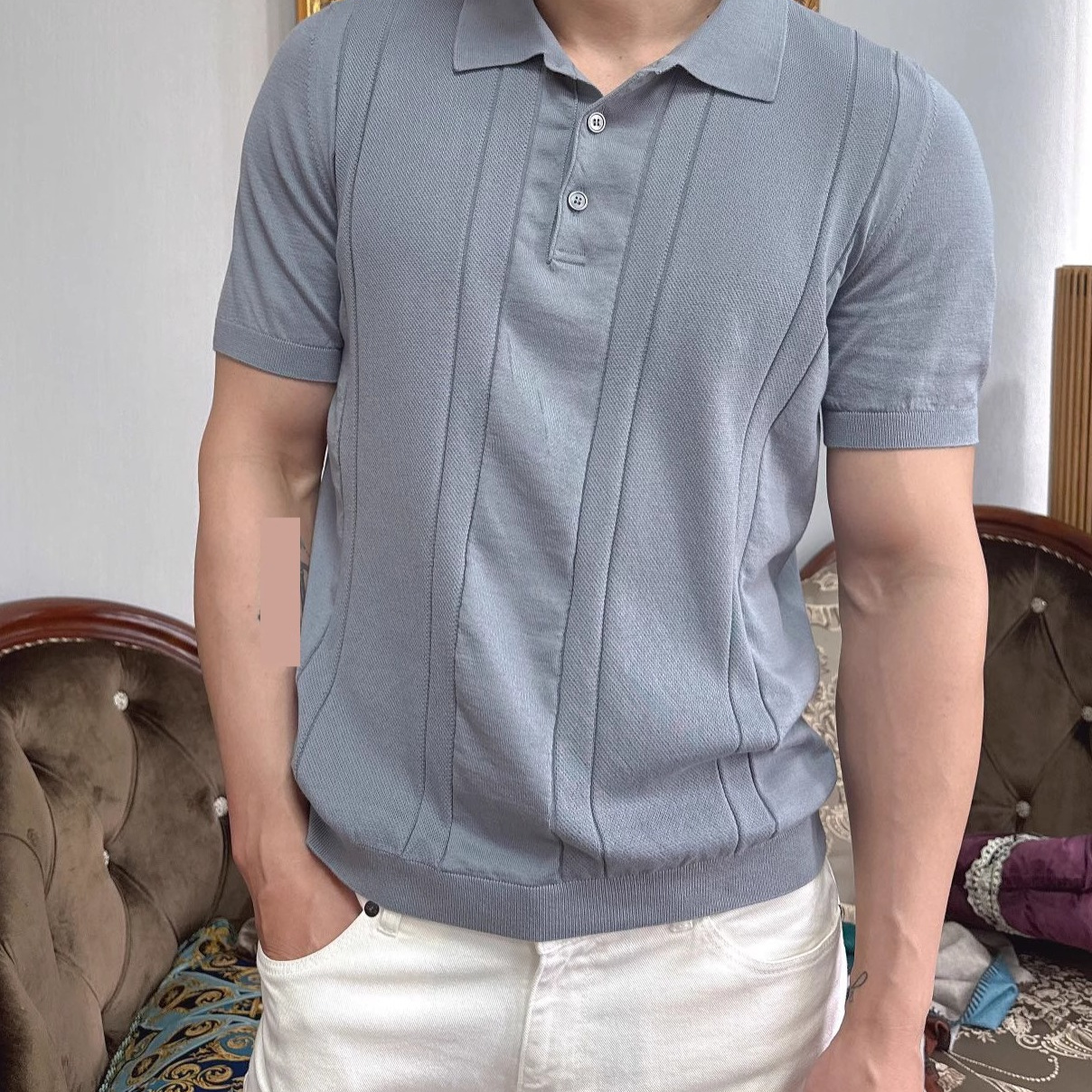 灰蓝竖条纹polo男士100%棉