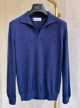 聚鹏名品Andre Maurice海鸥领蓝色羊绒衫男士时尚老钱风针织衫