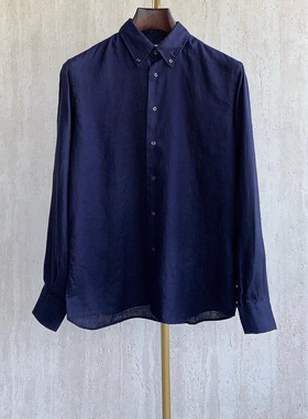 聚鹏名品Andre Maurice 藏蓝色亚麻衬衫男士长袖商务休闲衬衣薄款