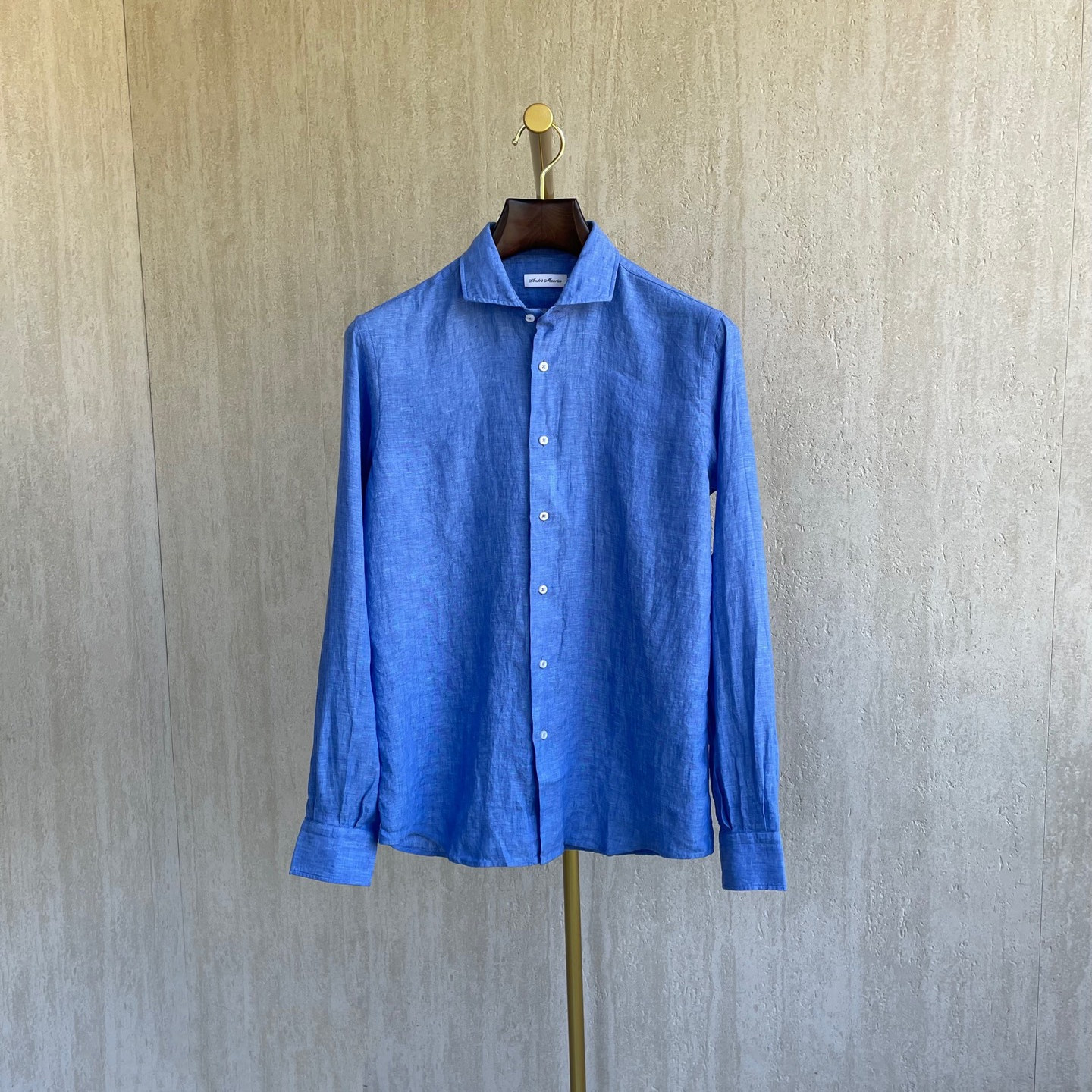 聚鹏名品Andre Maurice 蓝色亚麻衬衫男士100亚麻百搭老钱风透气