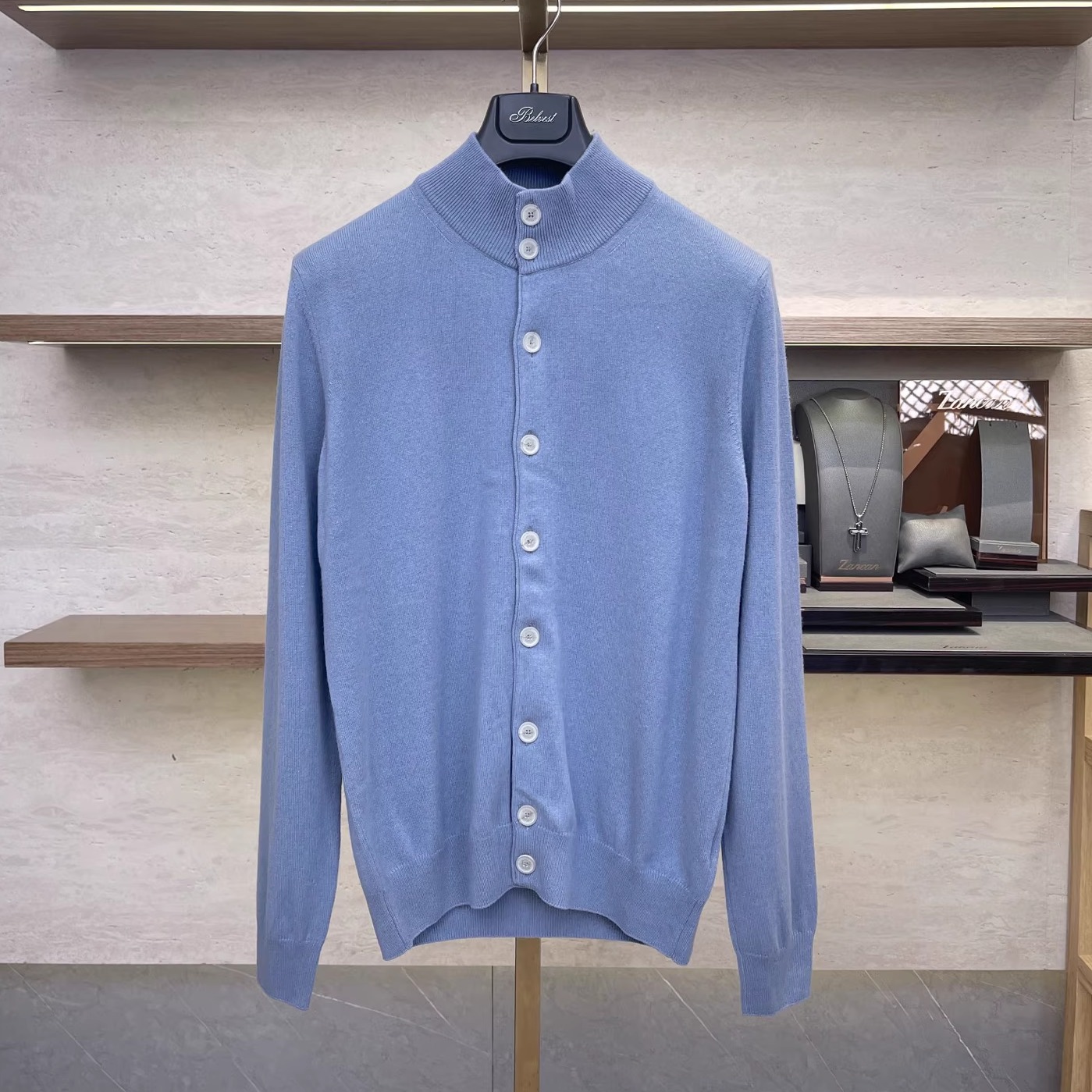 聚鹏名品Panicale Cashmere蓝色立领毛衫男士意大利老钱风秋冬款