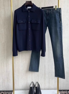 聚鹏名品Andre Maurice深蓝色羊绒开衫100%羊绒春秋冬款外套百搭