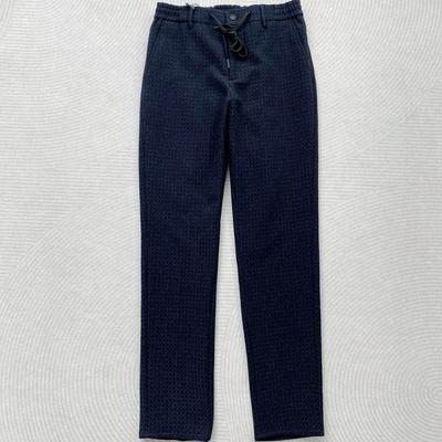 蓝色小方格松紧系带休闲裤男士