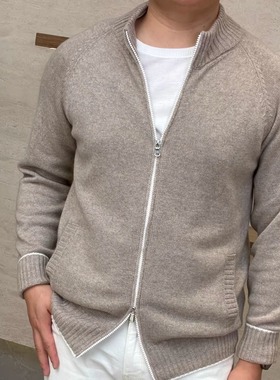 聚鹏名品Andre Maurice 燕麦色拉链羊绒开衫男士意大利秋冬老钱风