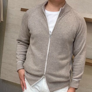 聚鹏名品Andre Maurice 燕麦色拉链羊绒开衫男士意大利秋冬老钱风