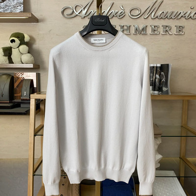 聚鹏名品Andre Maurice 灰色圆领羊绒衫男士100%羊绒秋冬内搭轻盈
