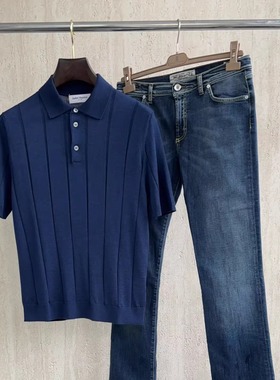 聚鹏名品Andre Maurice 深蓝色宽条纹针织polo高端线羊绒真丝短袖