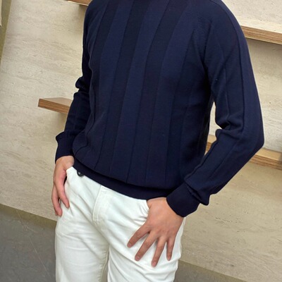 聚鹏名品Andre Maurice 藏蓝色宽坑条圆领羊绒衫男士意大利老钱风
