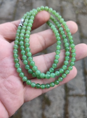 和田碧玉项链冰底青苹果绿绿色满色5毫米圆珠128颗项链质地干净