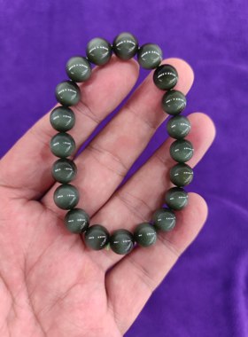 和田碧玉手串冰底黑猫眼10毫米20颗圆珠手串无裂无黑质地干净细腻