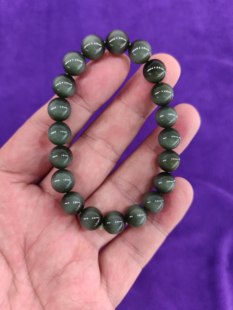 和田碧玉手串冰底黑猫眼10毫米20颗圆珠手串无裂无黑质地干净细腻