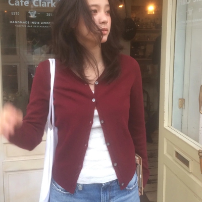 经典V领羊毛修身针织开衫毛衣