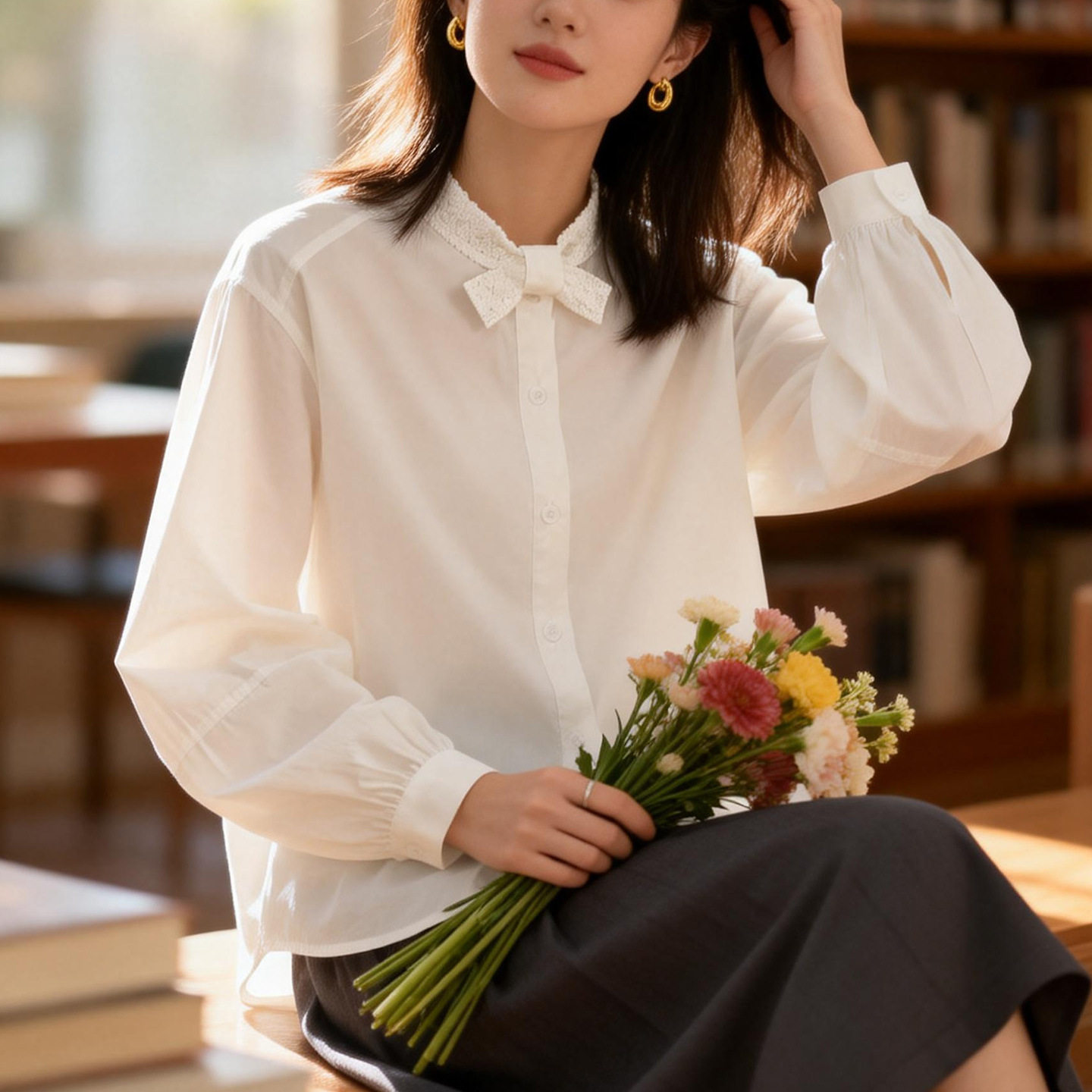 白衬衫女长袖2026春装设计感花边蝴蝶结上衣纯棉女式灯笼袖衬衣
