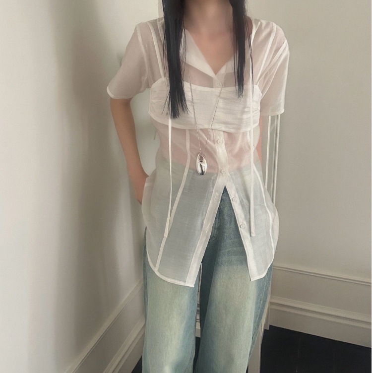 韩系chic性感纯欲微透绑带短袖衬衫+抹胸式叠穿吊带背心两件套装