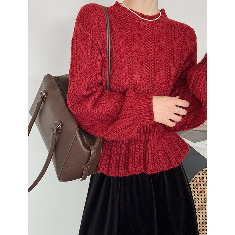 韩系新款圆领设计收腰显瘦针织毛衣百搭遮肉短款上衣,女装/女士精品,毛衣,淘宝优惠券,粉丝福利购,淘宝优惠卷