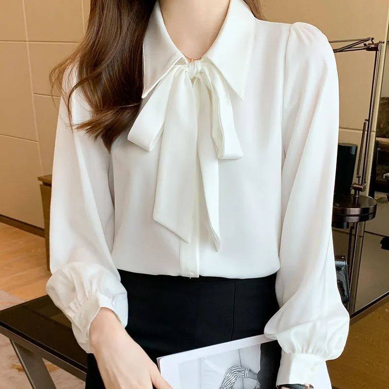春夏新款设计感蝴蝶结职业衬衫女装2025白色百搭灯笼袖正装雪纺