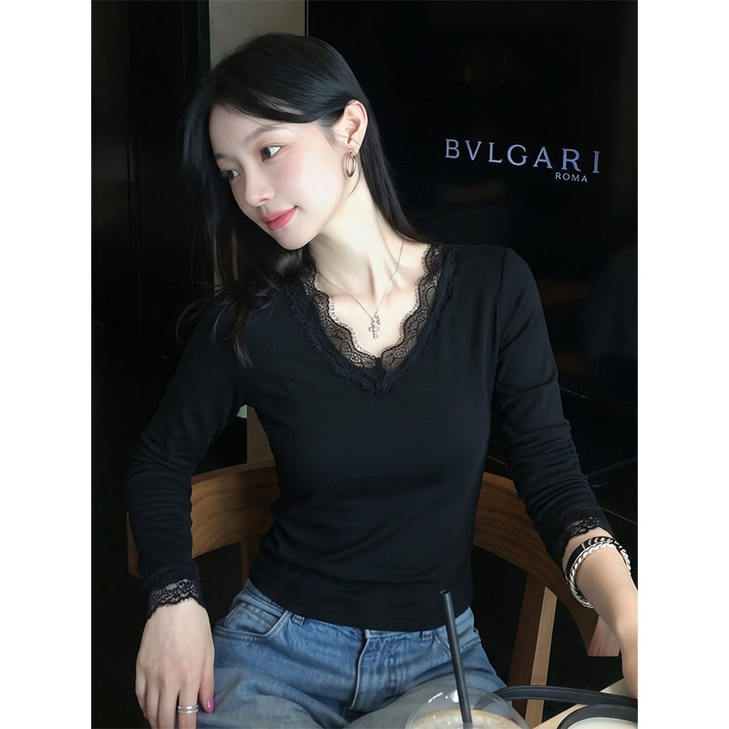 轻法式蕾丝V领正肩长袖女t恤修身收腰性感上衣纯色时尚个性打底衫