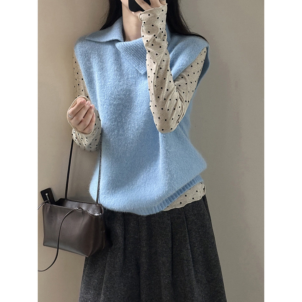 兔毛翻领针织马甲女秋冬软糯无袖毛衣背心宽松上衣