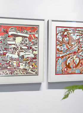 AOCA大牌丝巾装饰画双联欧式卧室客厅装饰画卡通风格画床头挂画