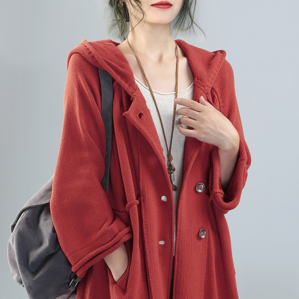清仓纯棉秋冬新款加长款开衫大毛衣外套连帽宽松纯色休闲文艺时尚
