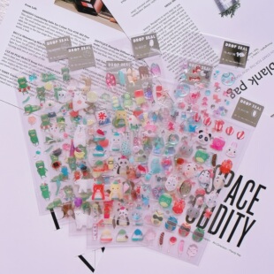 日系卡通水晶滴胶河童金鱼贝壳冰激淋手帐素材贴纸防水装 饰贴画纸