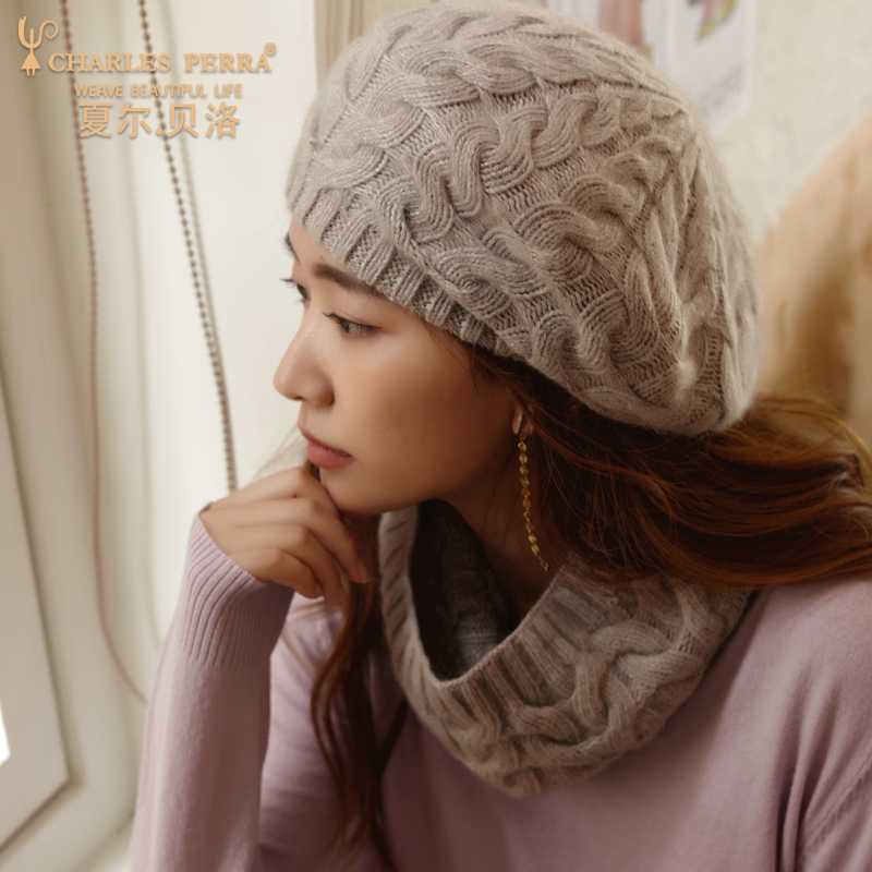 贝雷帽女针织保暖羊绒帽子围巾
