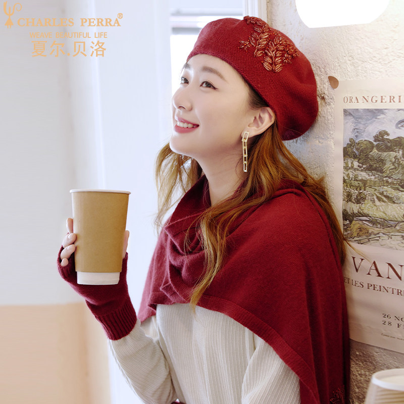 2023年新款女羊毛羊绒帽子围巾手套三件套韩版潮贝雷帽针织毛线帽