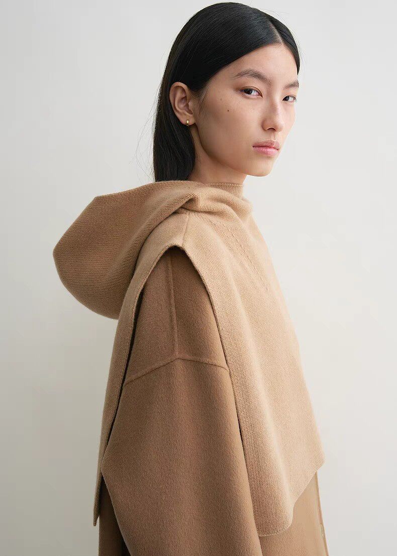 北欧叠穿神器美拉德秋冬羊羔毛羊绒混纺高领连帽围脖女套头披肩